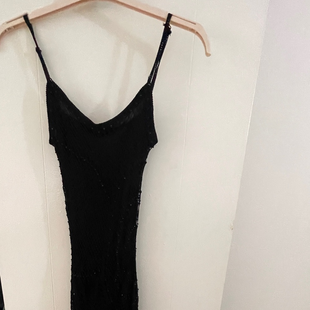 Fishnet and Fringe Black Slip Dress